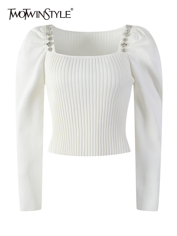 TWOTWINSTYLE Solid Patchwork Diamonds Knitting Sweater For Women Square Collar Long Sleeve Slimming Pullover Sweater Female New
TWOTWINSTYLE Solid Patchwork Diamonds Knitting Sweater For Women Square Collar Long Sleeve Slimming Pullover Sweater Female New