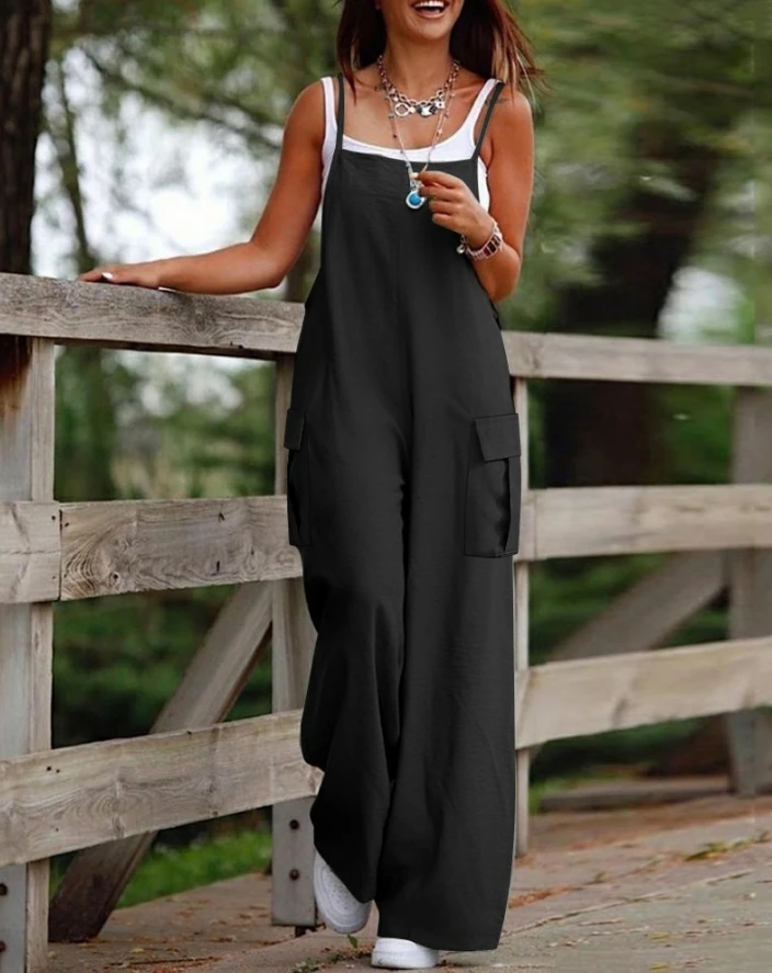 

Women's Jumpsuit Summer Casual Daily Vacation Solid Spaghetti Strap Square Neck Pocket Design Suspender Cargo Pants Jumpsuit