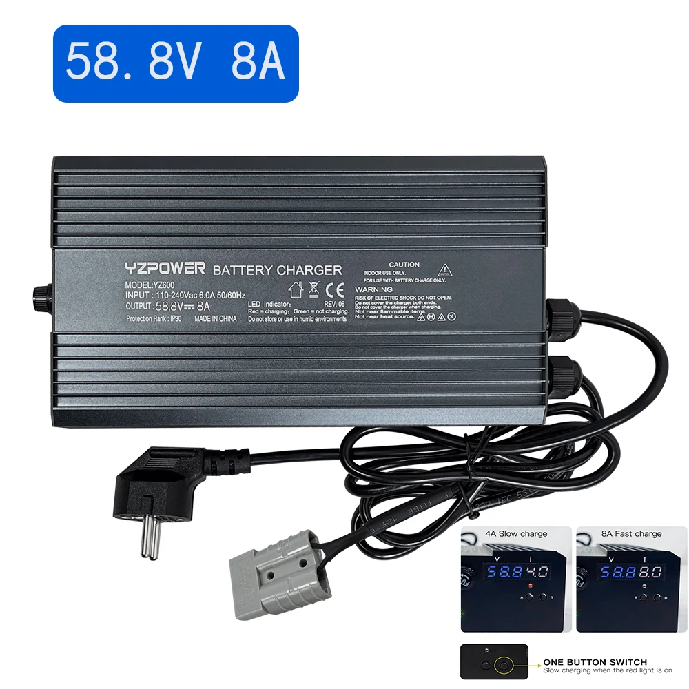 

58.8V 8A 14S Lithium Battery Charger with Output Plug for 48V Electric Bike Safe Fast Charging with Fans with Display