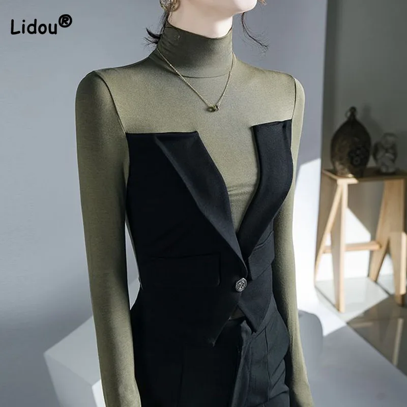 Korean Slim Solid Color Spliced T-shirt for Female Autumn Winter New Fashion Turtleneck Fake Two Pieces Tops Women's Clothing
Korean Slim Solid Color Spliced T-shirt for Female Autumn Winter New Fashion Turtleneck Fake Two Pieces Tops Women's Clothing