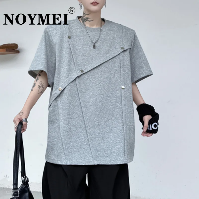 

NOYMEI Fashionable Irregular Design 2024 Summer New Men's T-shirt Short Sleeved Round Neck Button Decorative Top WA4435