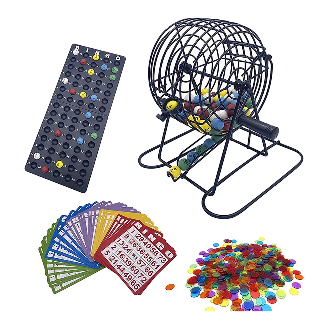 

Deluxe Bingo Game Set with 6 Inch Bingo Cage, Bingo Master Board,75 Colored Balls , 50 Bingo Cards, and 300 Bingo Chips