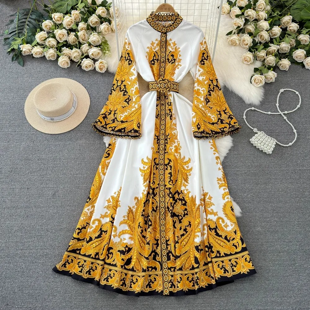 

2024 Spring Summer Women Flower Print Palce Style Stand Collar Flare Sleeve Single Breasted Belt Holiday Beach Maxi Dresses