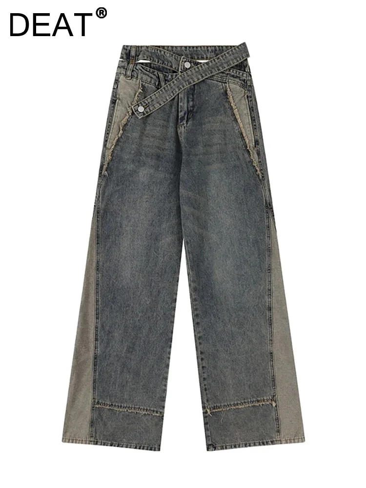 

DEAT Women's Jeans High Waist Spliced Cross Belt Off Waist Asymmetric Straight Wash Denim Pants 2024 Spring New Fashion 29L3726