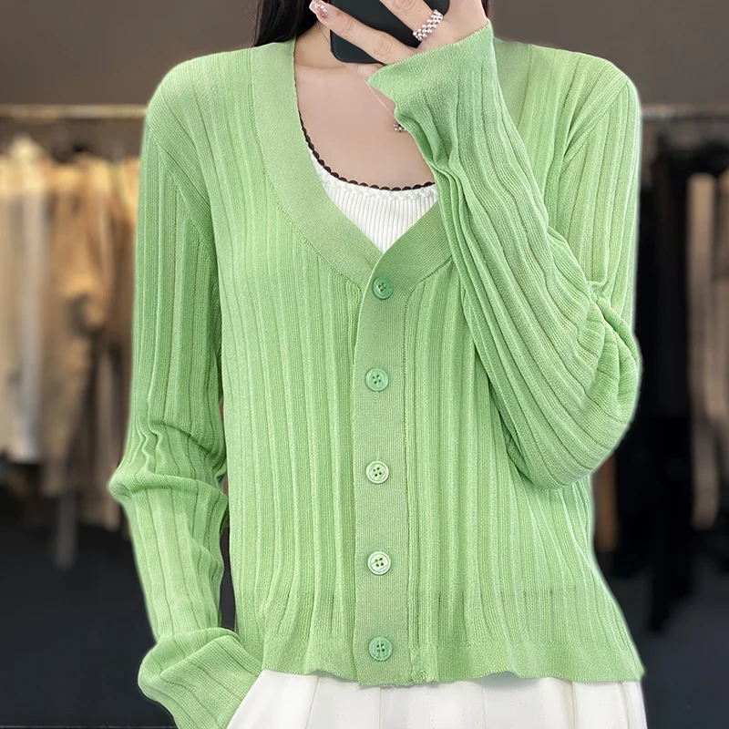 

Women's Summer Thin 100% Merino wool sweater V-neck long sleeve sweater with sun protection loose casual cardigan 2024 new
