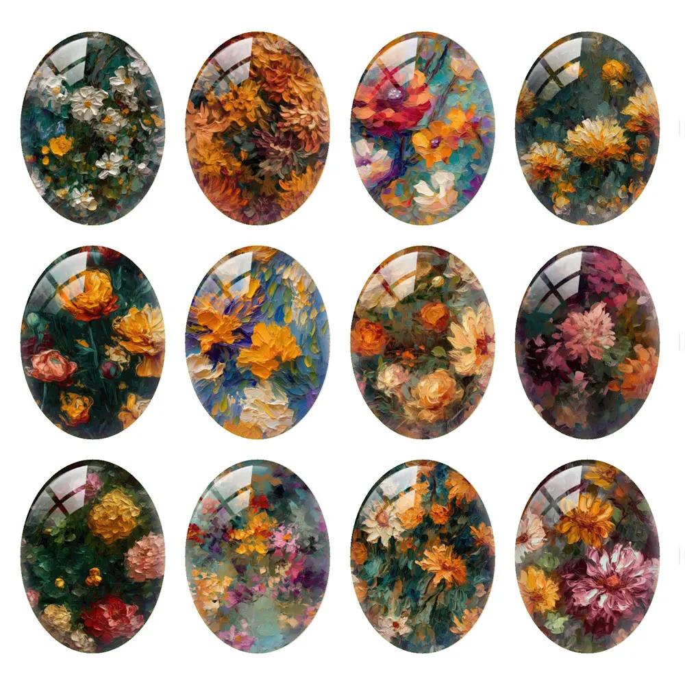 

10pcs/lots Flower Painting Oval Photo Glass Cabochon Charms Demo Flat Back Cameo For Diy Jewelry Making Finding Accessories