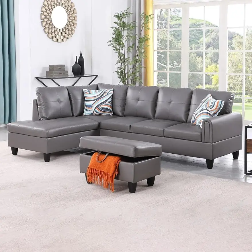 Sectional Sofa Set, Faux Leather L Shape Sectional Couches for Livingroom Sofaset with Right Chaise and Extra Storage Ottoman
Sectional Sofa Set, Faux Leather L Shape Sectional Couches for Livingroom Sofaset with Right Chaise and Extra Storage Ottoman