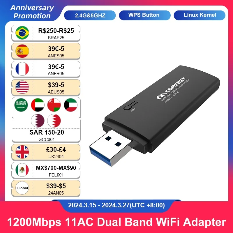 

Comfast CF-912AC 1200Mbps Dual Band Wireless USB3.0 Wifi Dongle 2.4G&5G Adapter 802.11a/g/n/ac Antenna Wirless Network Lan Card
