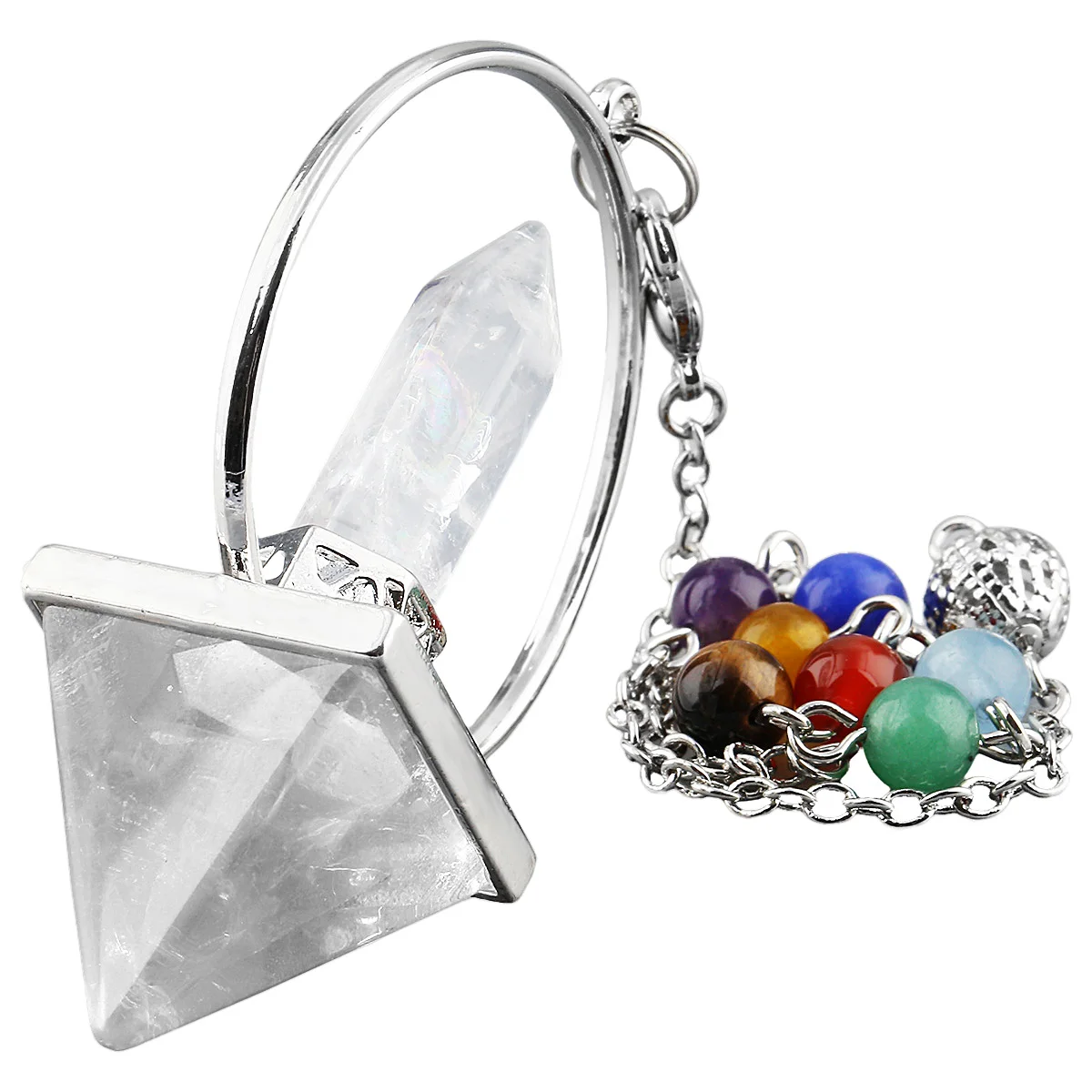 

Healing Pyramid Crystal Point Pendulum With Reiki 7 Chakra Stone Beads Chain For Dowsing Divination Yoga Meditation 7.5"