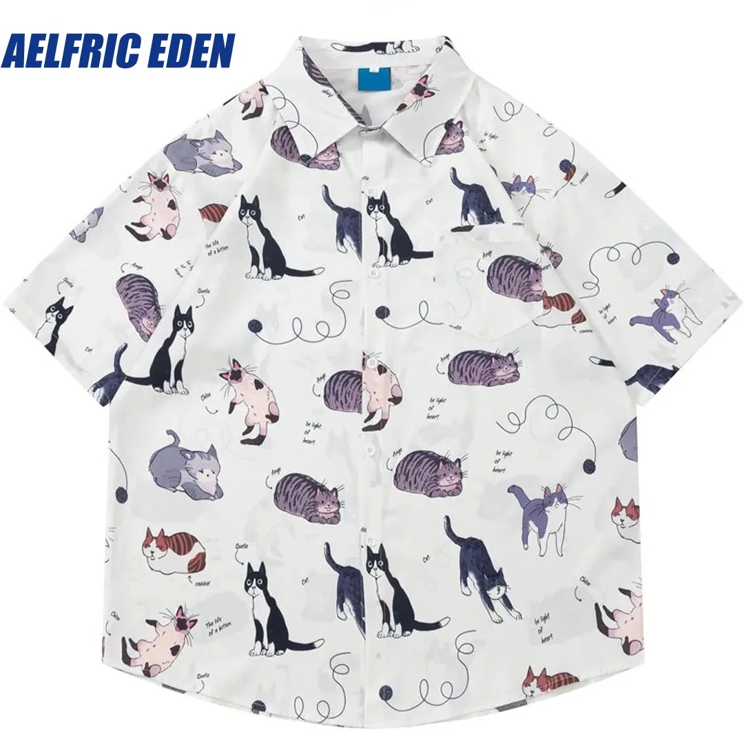 

Aelfric Eden Harajuku Hawaiian Shirt Funny Cute Cat Kitten Graphic Print Summer Beach Shirts Hip Hop Fashion Loose Short Sleeves