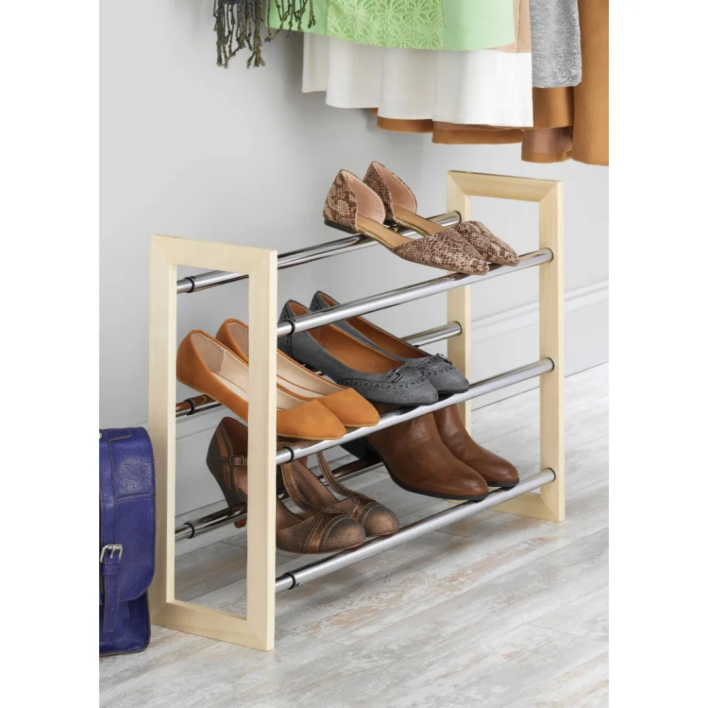 

3-Tier Expandable Stackable 18 Pair Shoe Rack, Metal and Wood, Natural Wood and Chrome