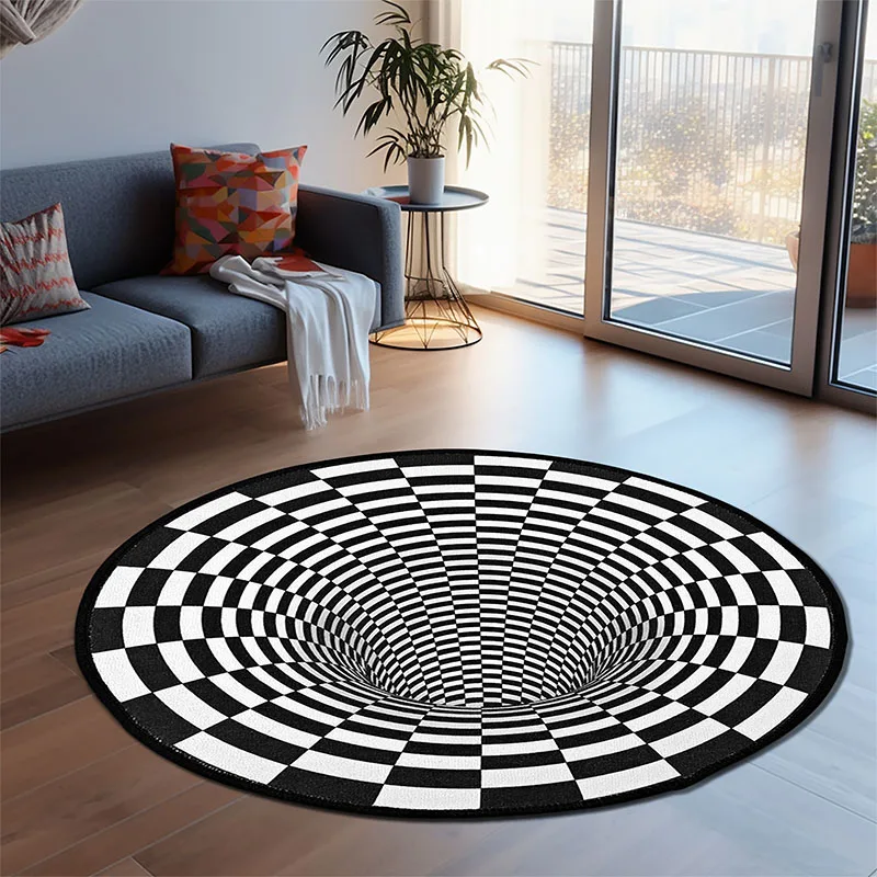 

Round Rug 3d Vortex Vision Creative Carpet Bedroom Living Room Decor Area Rugs Black and White Checkerboard Non-slip Floor Mat