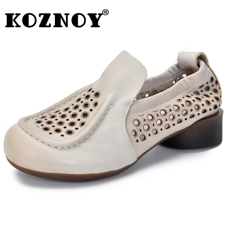 

Koznoy 3cm Ethnic Summer Flats Women Loafer Cow Genuine Leather Ladies Comfy Hollow Sandals Platform Wedge Slip on Leisure Shoes