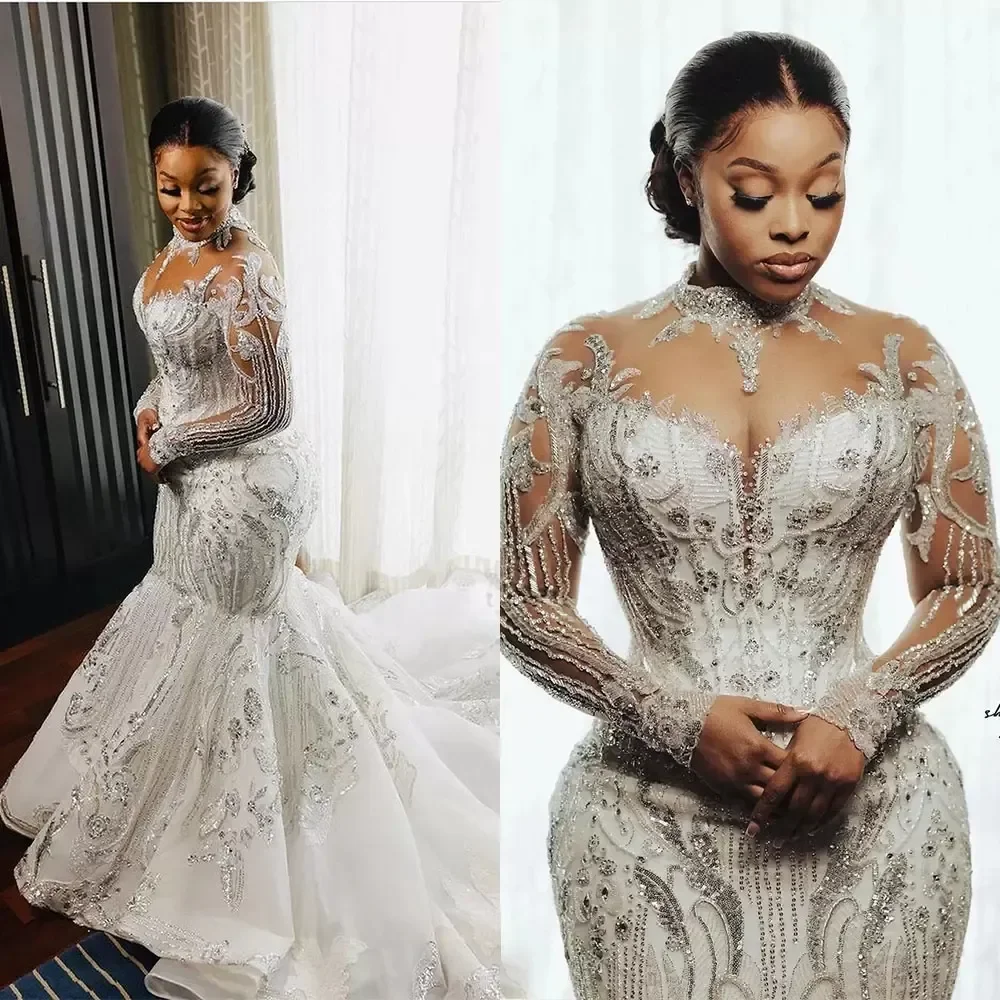 High Neck Bridal Gowns Crystal Bride Robes Plus Size Vintage Saudi Arabia Mermaid Long Sleeve Custom Made Wedding Dresses
High Neck Bridal Gowns Crystal Bride Robes Plus Size Vintage Saudi Arabia Mermaid Long Sleeve Custom Made Wedding Dresses