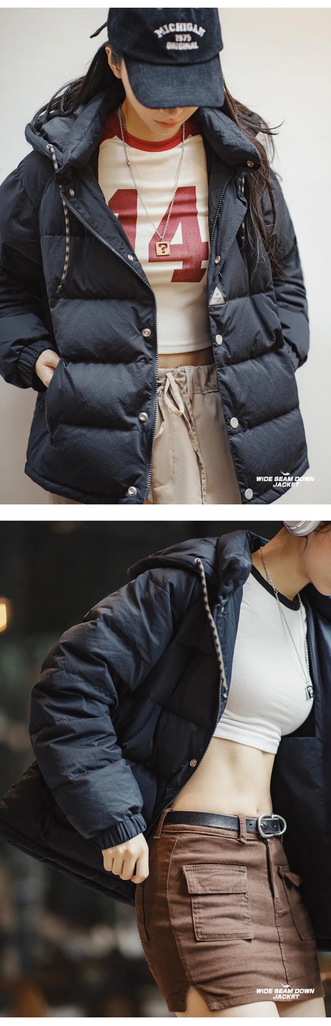 Maden Women's Winter Thickened Down Jacket 90 White Duck Down Navy Blue Hooded Jacket High Density Fabric Bubble Grid Warm Top Maden Women's Winter Thickened Down Jacket 90 White Duck Down Navy Blue Hooded Jacket High Density Fabric Bubble Grid Warm Top