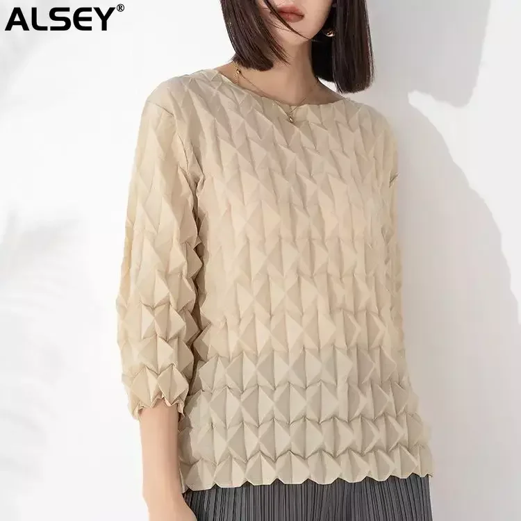 

ALSEY Miyake модная квадратная плиссированная дизайнерская футболка ручной работы женский осенний Новый Свободный пуловер рубашка Топ с длинным рукавом