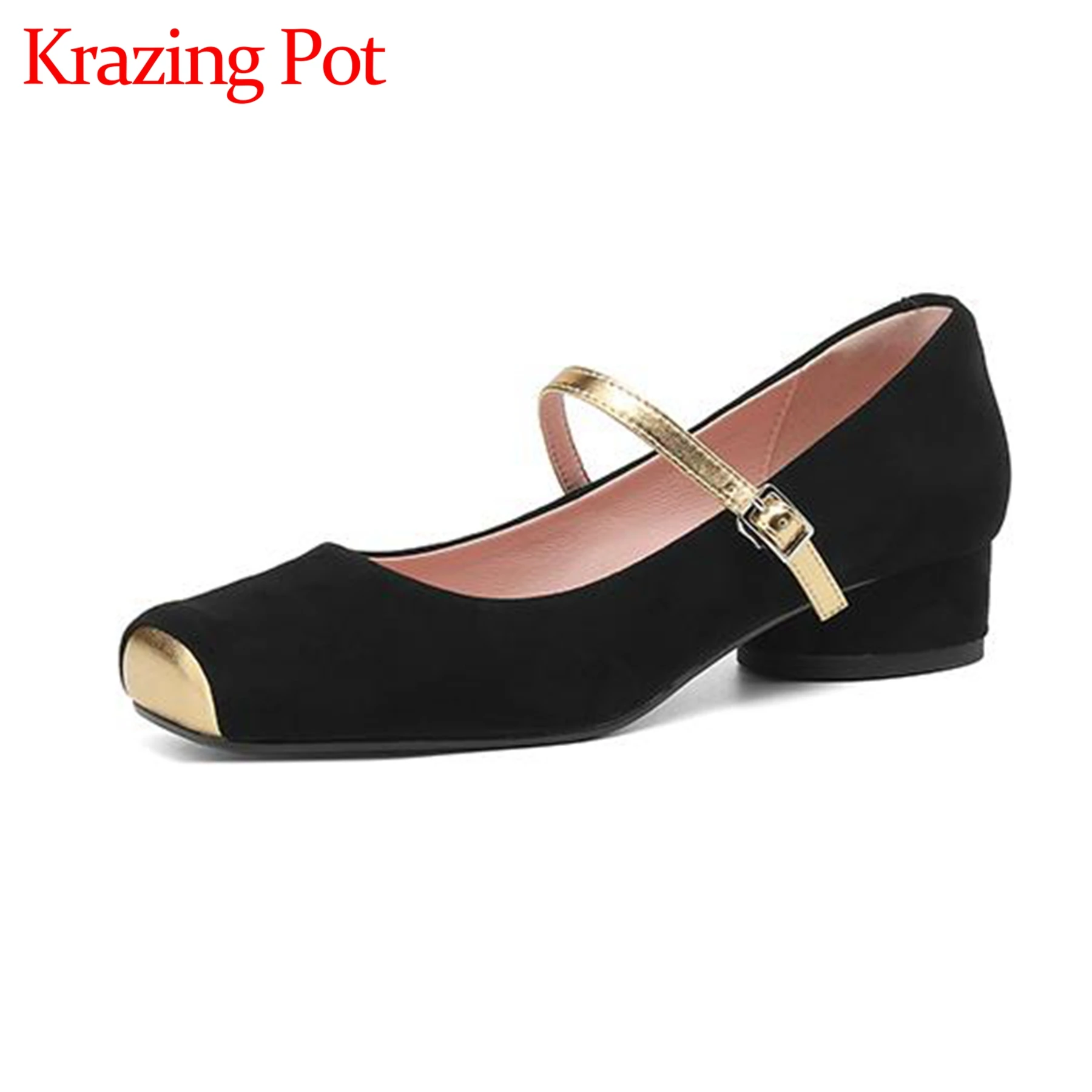 

Krazing Pot Sheepskin Low Heels Summer Fashion Square Toe Mary Janes Daily Wear Chic Wedding Ballet Dancer Shoes Women Pumps