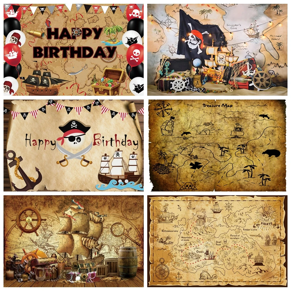 

Pirate Theme Birthday Party Backdrops Old Treasure World Map Sailboat Baby Portrait Photographic Background Banner Photo Studio
