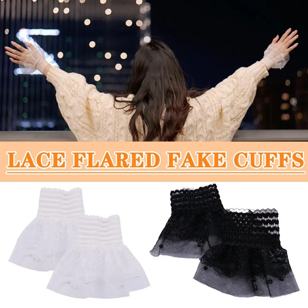 

Detachable Cuffs Pearl Lace Mesh Fake Flared Sleeves Ruched Blouse Warmers Sweater Cuffs Double False Pleated Wrist Layer G5L6