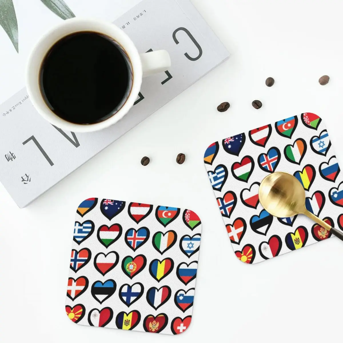 

Eurovision Song Contest Flags Hearts Coasters PVC Leather Placemats Non-slip Insulation Coffee Mats Kitchen Dining Pads Set of 4