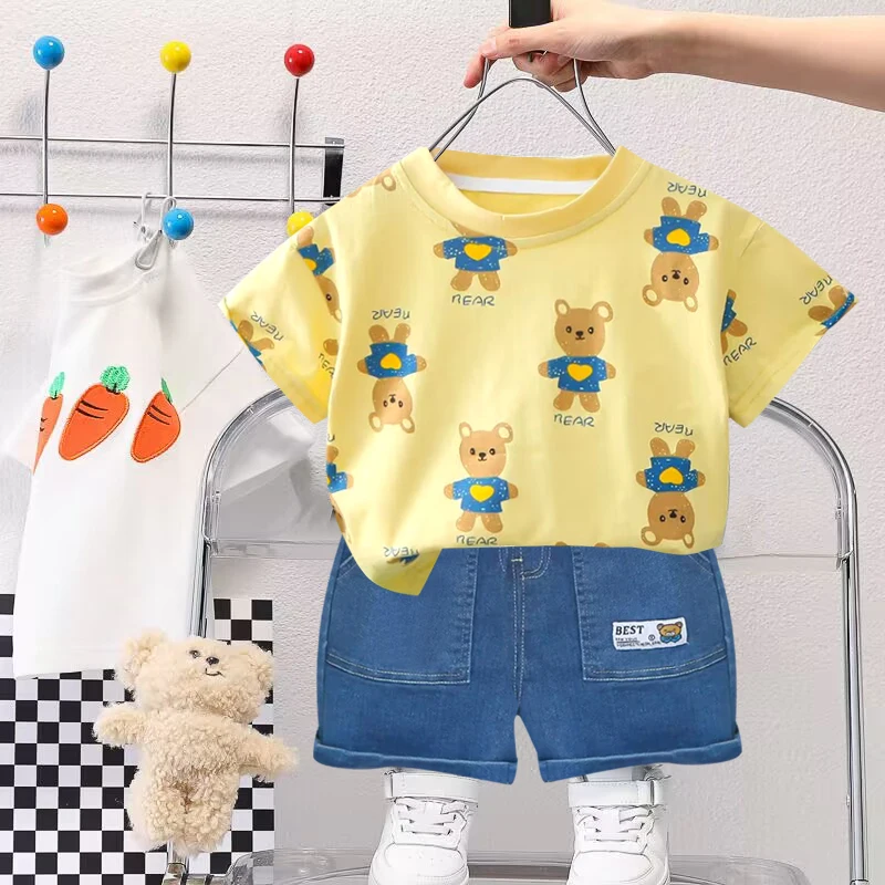 Summer New Boys and Girls' Round Neck Cartoon Short Sleeve Set Baby Casual Denim Shorts Two Piece Cartoon Top+Shorts 
Summer New Boys and Girls' Round Neck Cartoon Short Sleeve Set Baby Casual Denim Shorts Two Piece Cartoon Top+Shorts