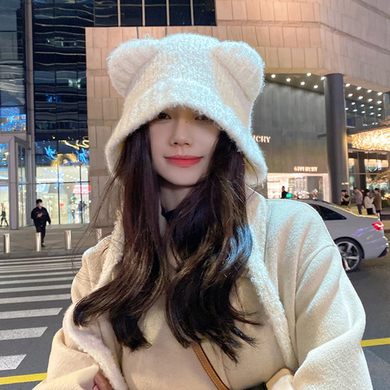 

Шерстяная шапка с милыми медвежьими ушками, зимние облегающие шапки, теплая вязаная шапка-бомбер со шнуровкой и защитой ушей, вязаные корейские женские теплые шапки
