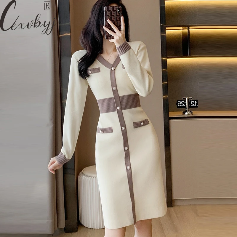 Korean Knitted Dress Women Elegant Button Patchwork V-Neck A-Line Dress Office Lady Sweater Long Sleeve Dress Midi-Length 2024
Korean Knitted Dress Women Elegant Button Patchwork V-Neck A-Line Dress Office Lady Sweater Long Sleeve Dress Midi-Length 2024
