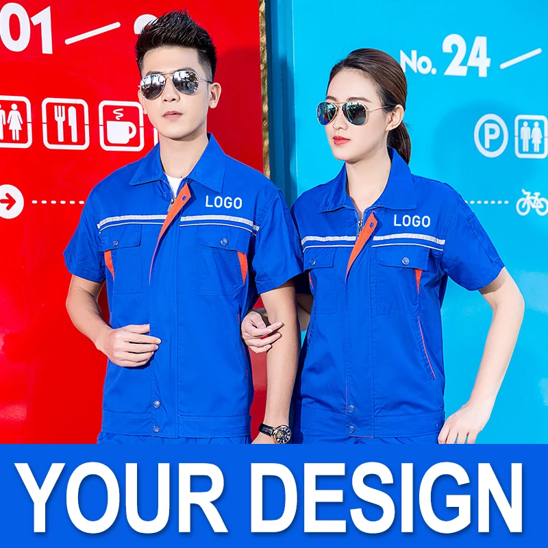 New Fashion Blue Summer Work Clothes With Reflective Strips For Man And Women Printing Emrboider Logo Overalls Work Wear Set
New Fashion Blue Summer Work Clothes With Reflective Strips For Man And Women Printing Emrboider Logo Overalls Work Wear Set