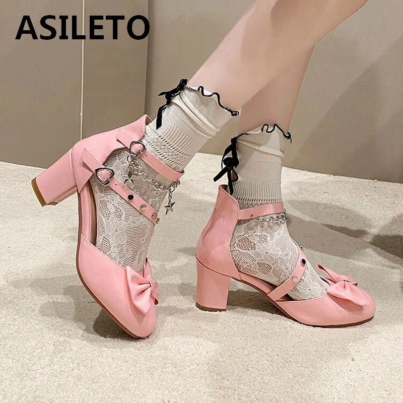 

ASILETO Korean Girls Pumps Round Toe Block Heels 5.5cm Buckle Strap Rivets Metal Big Size 41 42 43 Sweet Lolita Style Shoes 30