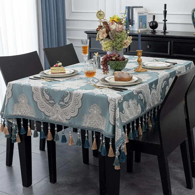 

European Luxury Tassels Dining Tablecloth Rectangular Textured Jacquard Table Cover Square Coffee Table Cloths for Party Kitchen