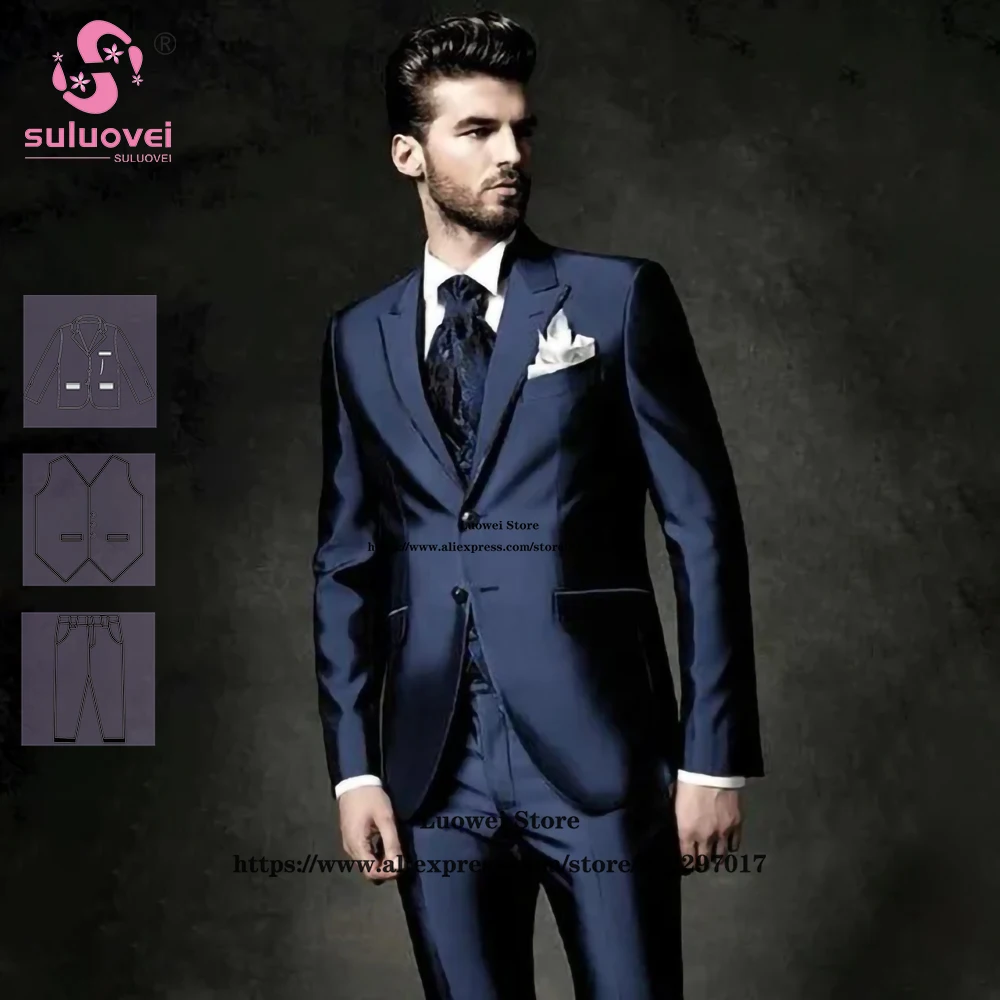 

Classic Peaked Lapel Suits For Men Slim Fit 3 Piece Pants Set Formal Groom Wedding Dinner Party Tuxedos Terno Masculino Completo