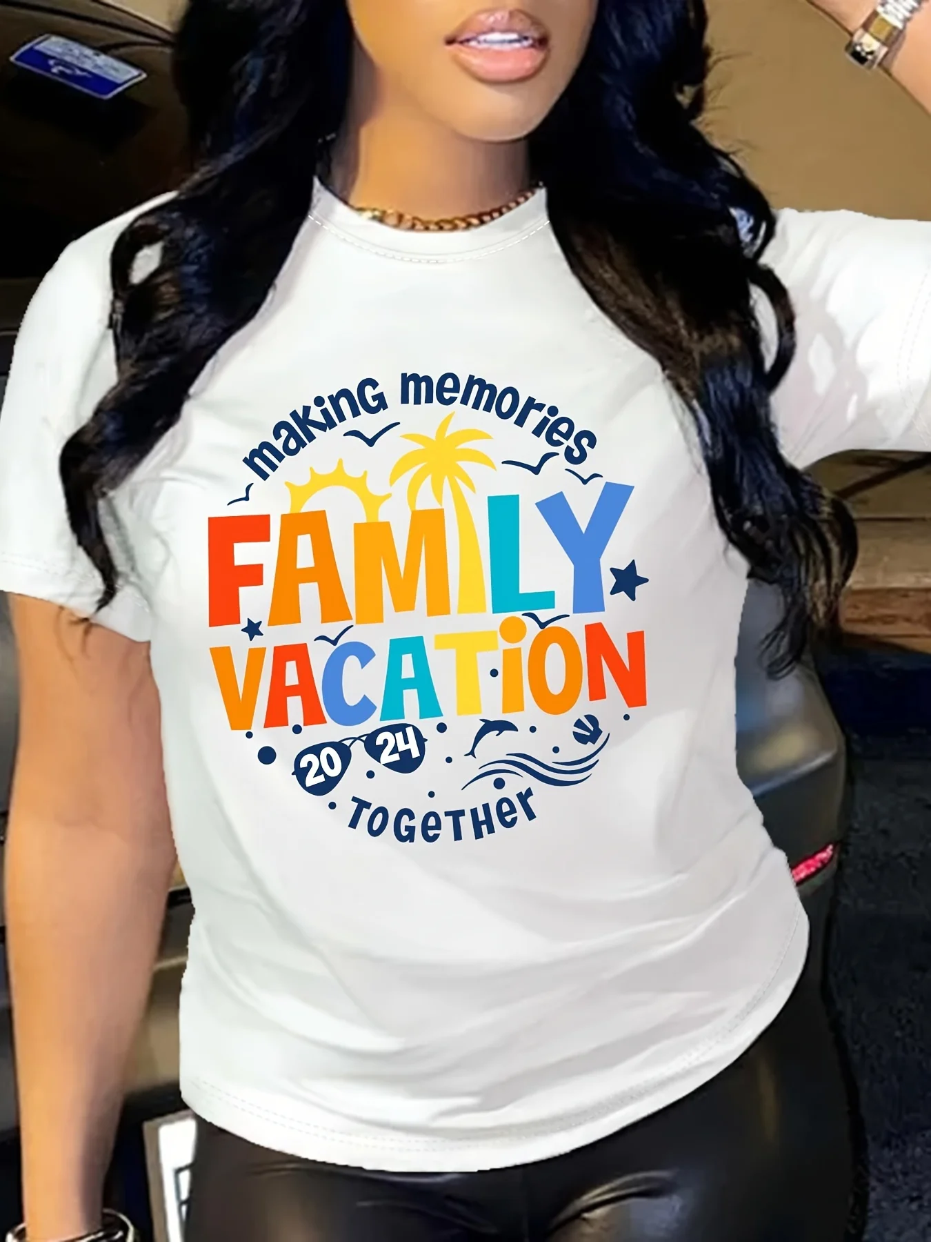 

Family Vacation Letter Print T-shirt, Short Sleeve Crew Neck Casual Top For Summer & Spring, Women's Clothing