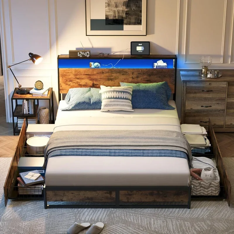

Рама для двуспальной кровати с RGB-подсветкой, 4 ящика, изголовье и быстрое зарядное устройство-Деревенский коричневый, простая сборка с хранилищем, без коробки
