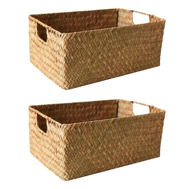 

2X Hand-Woven Rectangular Rattan Wicker Storage Basket Fruit Tea Snack Bread Picnic Basket Cosmetic Storage Box -XL