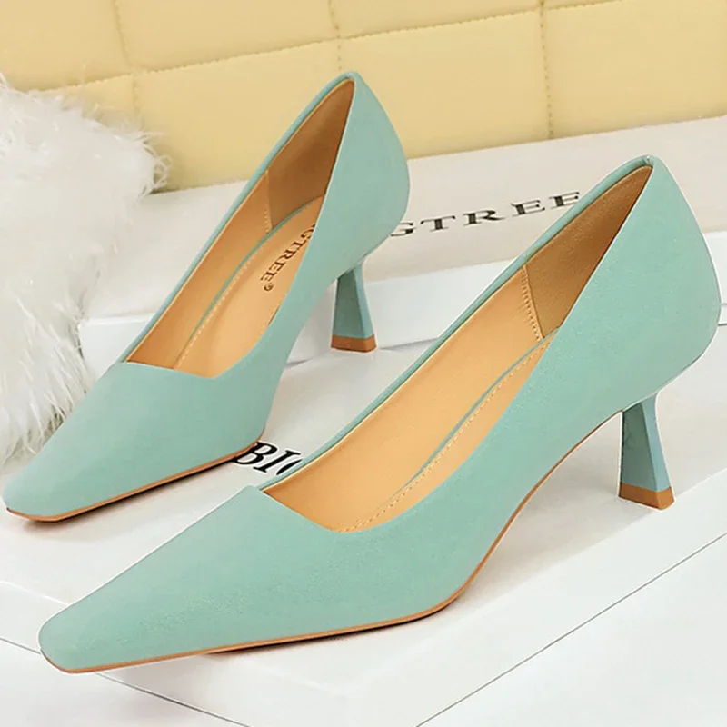 

Women 6cm High Heels Office Pumps Lady Green Silk Shallow Square Toe Strange Kitten Low Heels Summer Nightclub Event Party Shoes