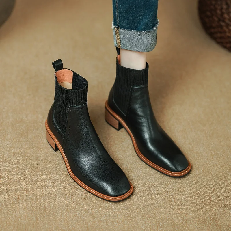 

Woman Chelsea Boots Cowhide Shoes Simple Style Winter Boots Autumn Spring Basic Botas Elegant Shoes Slip On Real Leather Shoes