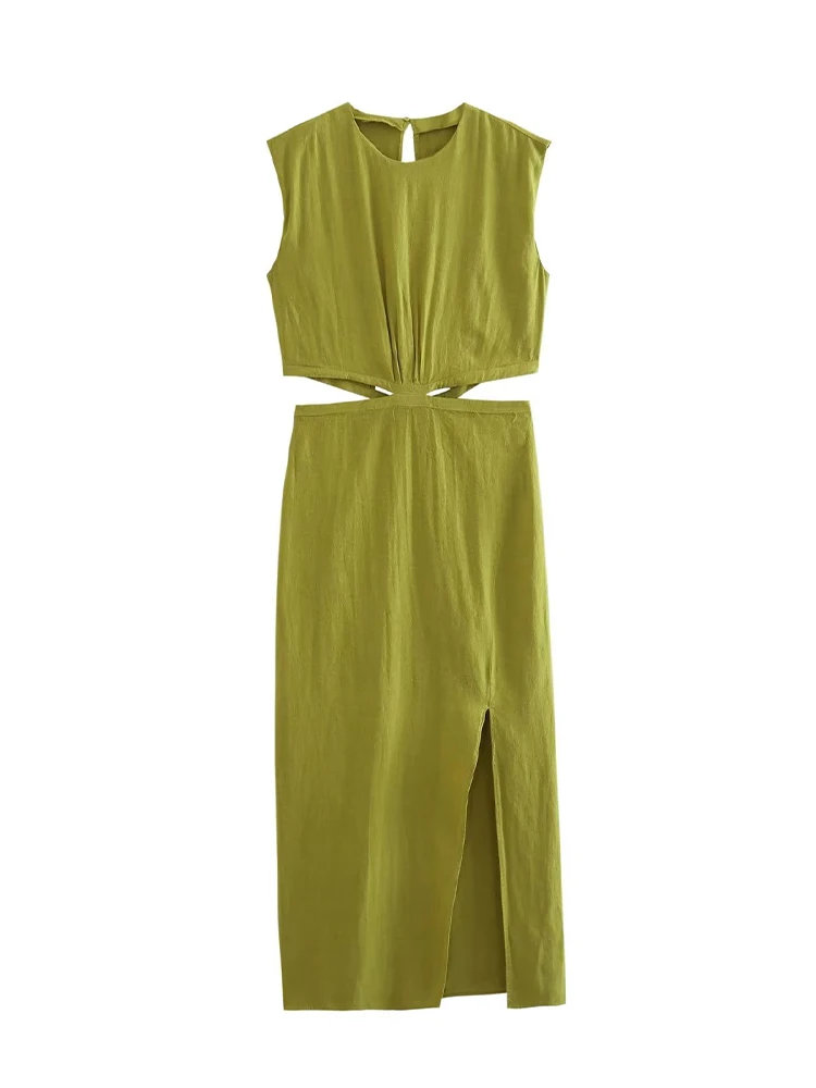 

Платье DUOPERI женское средней длины, модное зеленое ажурное платье с разрезом спереди, открытой спиной, на молнии, винтажное шикарное платье без рукавов с круглым вырезом