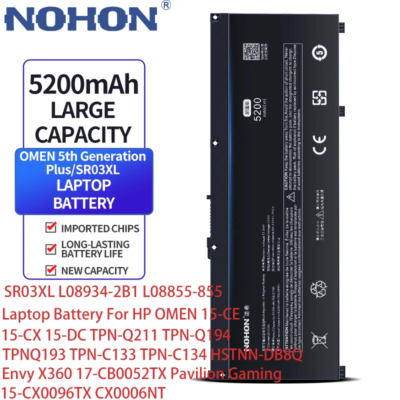 

NOHON SR03XL L08934-2B1 L08855-855 Laptop Battery For HP OMEN 15-CE 17-CB0052TX Pavilion Gaming 15-CX0096TX CX0006NT Batteries