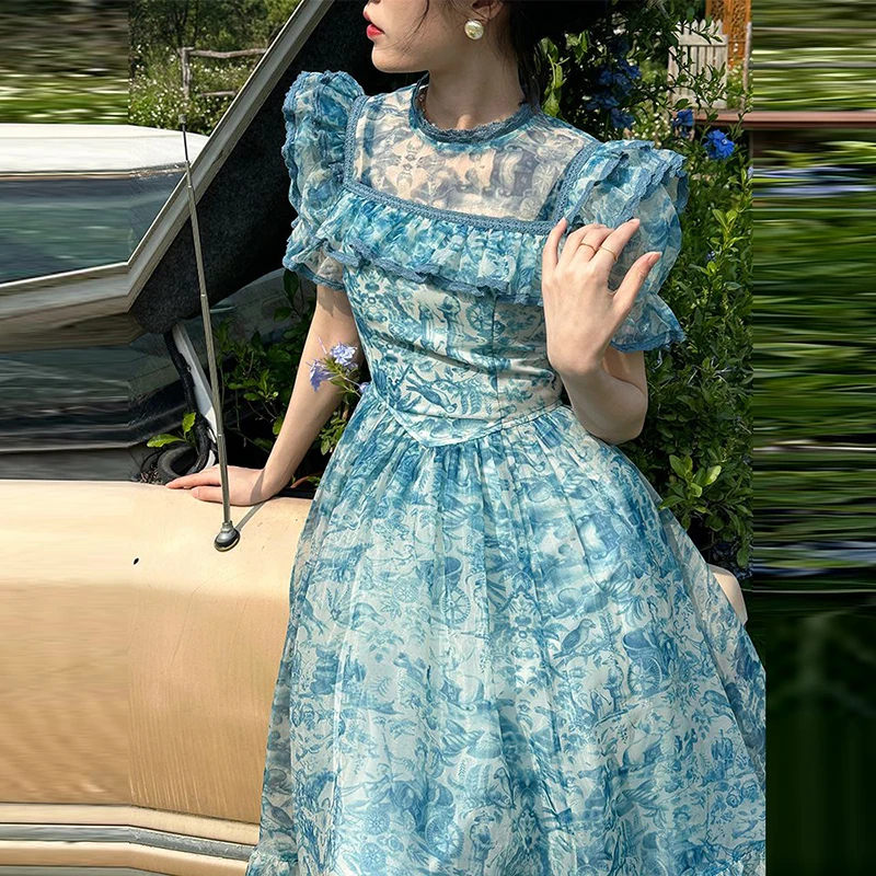 

Женское шифоновое платье-трапеция, синее платье во французском стиле с цветочным принтом и круглым вырезом, весна-лето 2023