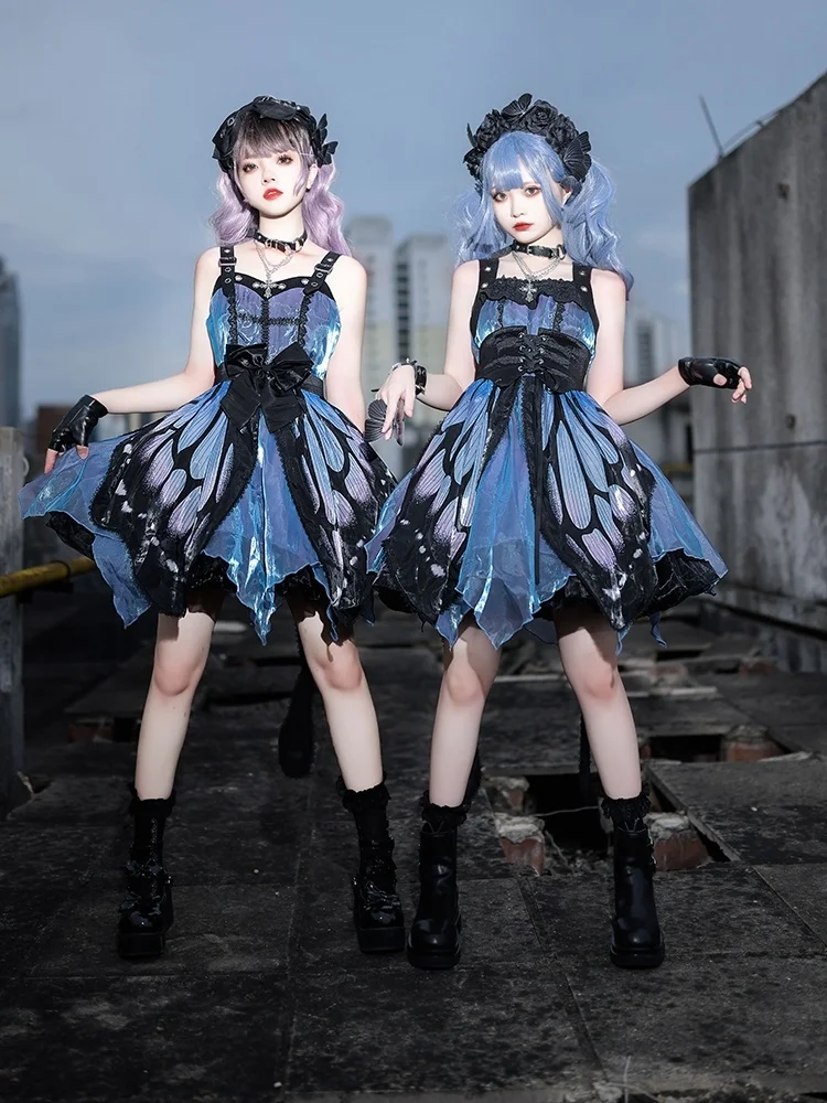 

Gothic Lolita JSK Dress Blue Sleeveless Lace Up Ruffles Bow Butterfly Pattern Polyester Casual Lolita Jumper Skirt