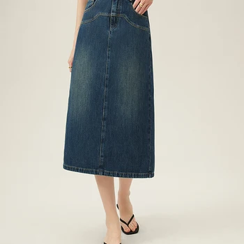 Saia de Brim Branca Casual Coreana: O Estilista Must-Have para o Verão 11 FSLE 【2 Colors】Simple All-Match A-LINE Denim Skirts Back Slit Design 2024 Spring White Long Denim Skirt 24FS12181
