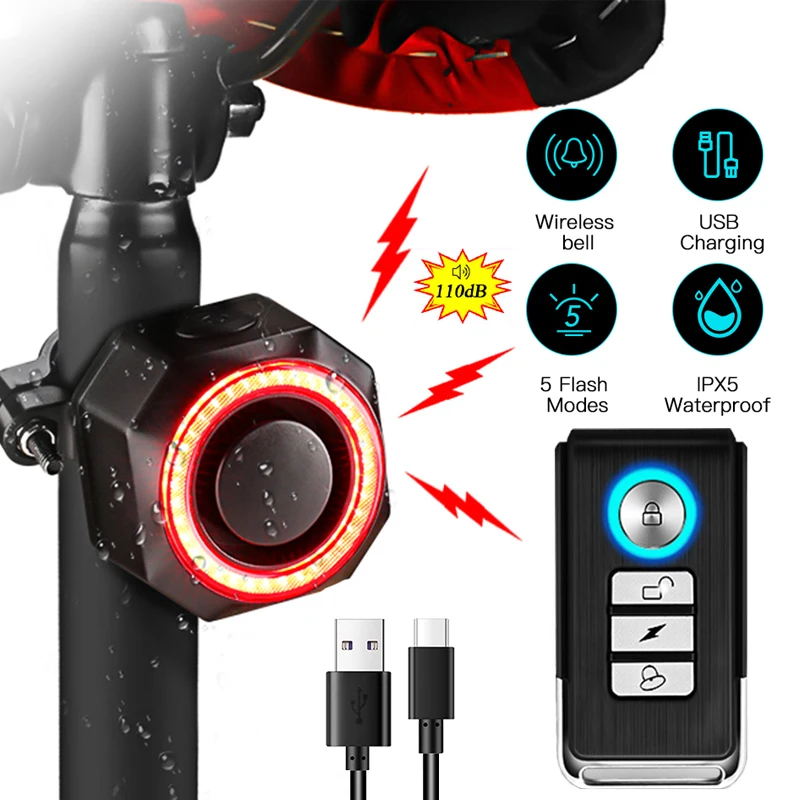 

Bicycle Taillight Alarm Burglar Smart Auto Brake Sensing Bike Rear Light Waterproof USB Charge Bike Lamp