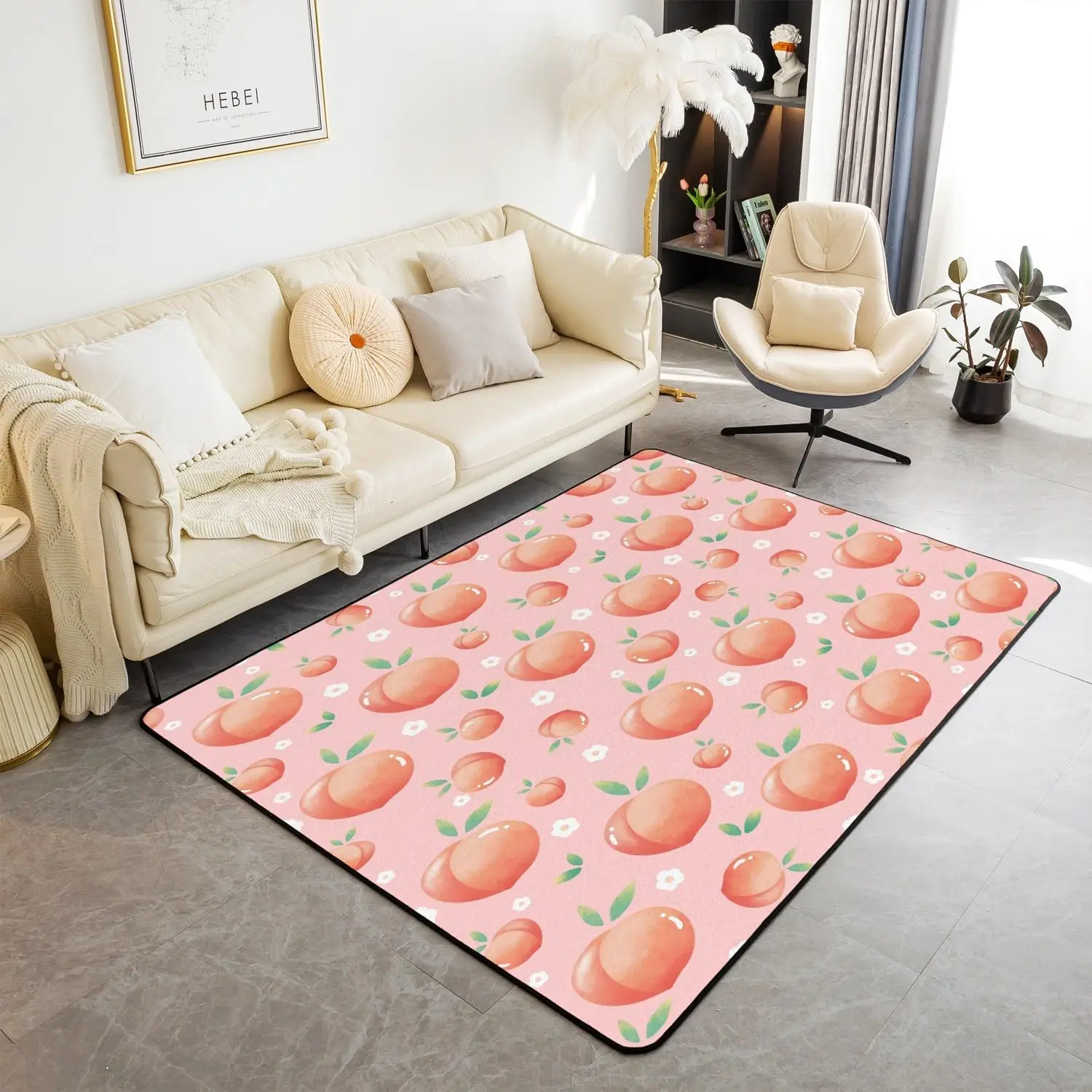 

Cute Summer Fruit Carpet Sweet Peach Print Area Rug for Living Room Bedroom Bathroom Non Slip Kawaii Cartoon Fruits Floor Mat