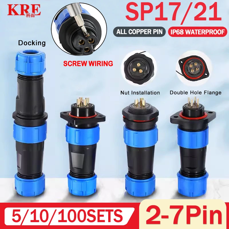 

5/10/100Sets SP16 SP17 SP20 SP21 Waterproof Aviation Connectors 2/3/4/5/6/7Pin Screw Wiring IP68 Electrical Cable Wire Connector