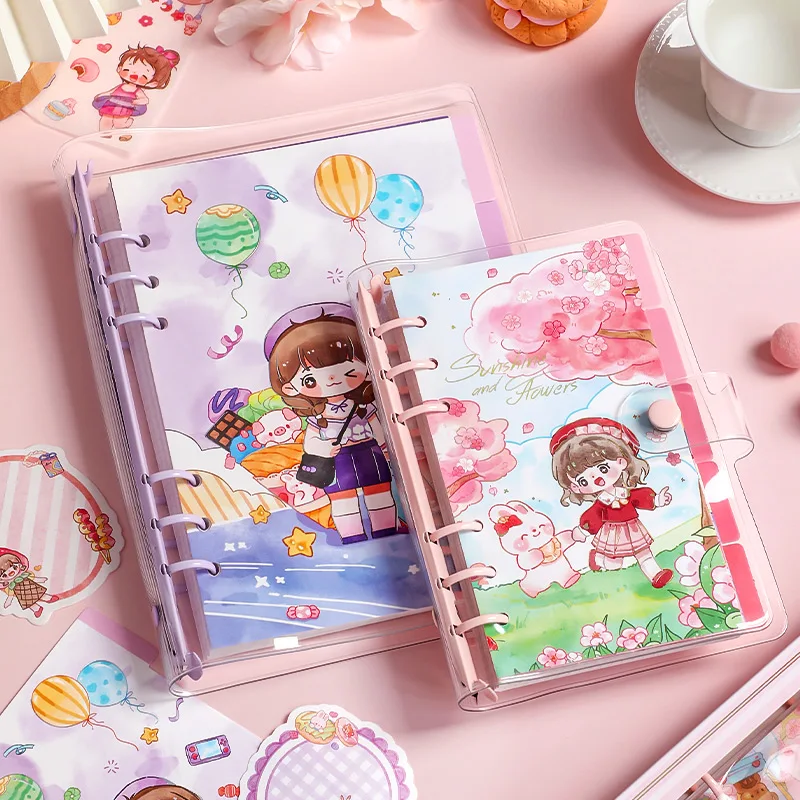 

Dimi 80Shees Inner Kawaii Girl Loose Leaf Notebook Set Transparent PVC Cover Portable Ring Binder Include Sticker Ruler Memo Pad