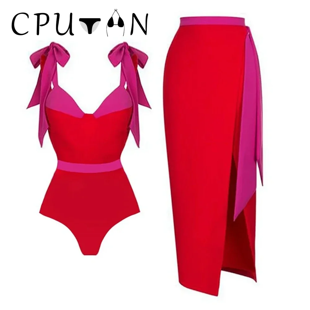 

CPUTAN 2024 Push Up Sexy 3D Flower One Piece Bikini Solid Red Swimwear Skirt Women Luxury Swimsuit Beachwear Bathing Suit Dress