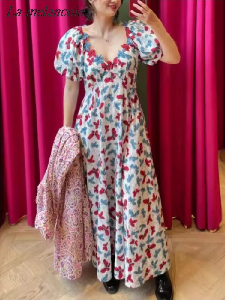 

Butterfly Floral Print Dress For Women Summer 2024 New French Retro Sexy V-neck Dresses Bubble Sleeve Elegant Chic Long Dress