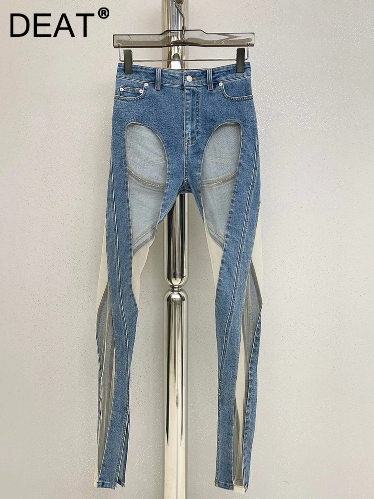

DEAT 2023 New Run Way Fashion Women Denim See Throw Sexy Full Length Half Big Hole Jeans Female Pants Slim Tide WY14000L