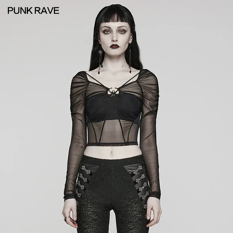 

PUNK RAVE Women's Gothic Long Sleeve Large Square Collar Mesh T-Shirt Tops Sexy Hollowed Personalized Tees Spring Summer Clothes