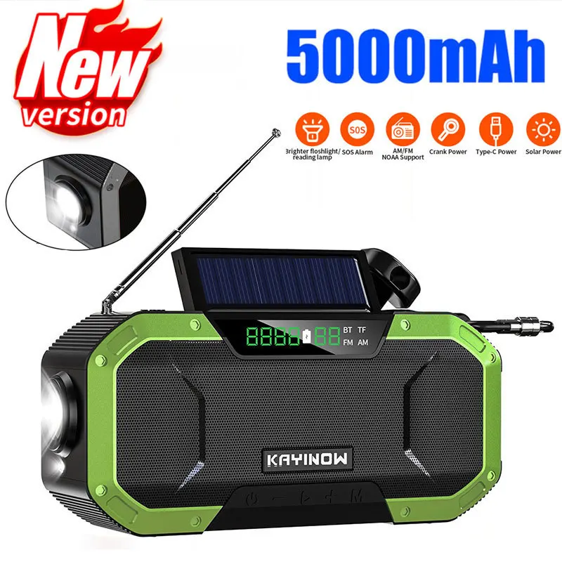 

Solar-Powered Portable Radio FM AM Bluetooth5.0 5000mAh Powerbank SOS Hand-Crank Compass Emergency Camping Hiking LED flashlight